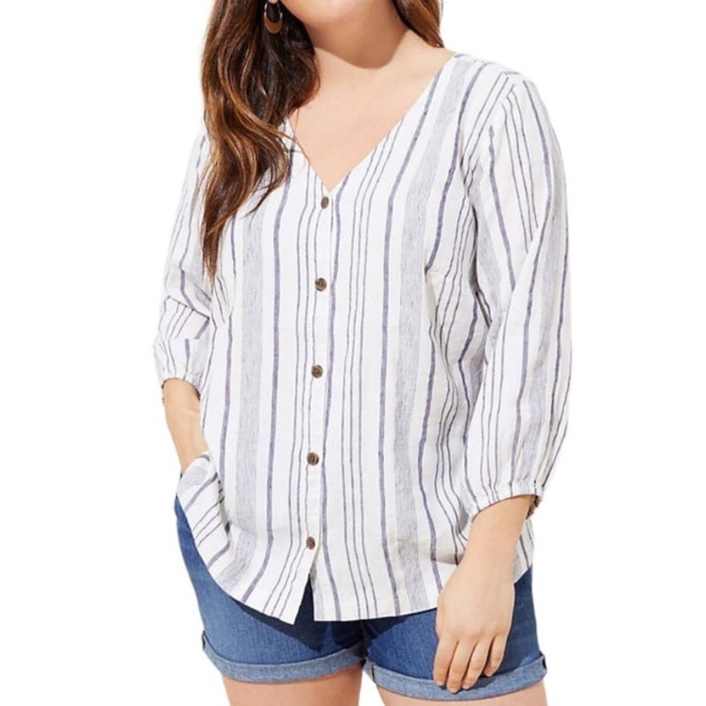 LOFT Blue and White Linen Top